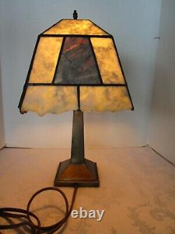 Vintage Art & Crafts table lamp metal base with Natural Agate stone shade 17 ½