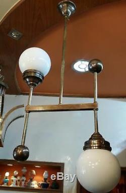 Vintage Art Deco Bauhaus Fixture Ceiling Brass Hanging Light Milk Glass Shade