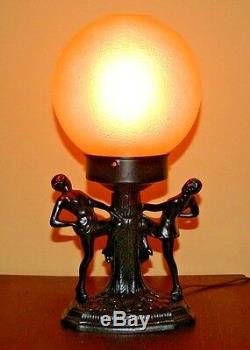 Vintage Art Deco Dancing Ladies Desk Lamp With Round Glass Shade Not Marked