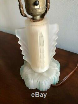Vintage Art Deco Frosted Glass Boudoir Lamp & Shade, Green Highlights Excellent