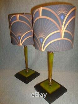 Vintage Art Deco Green Bakelite Lamps (pair) withDesigner Fabric Shades