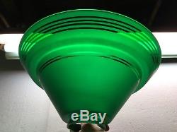 Vintage Art Deco Green Glass Lamp Shade Etched Frosted Ringed Stepped Torchiere