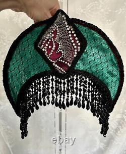 Vintage Art Deco Style Lamp Shade Crescent Moon Beaded Fringe Hand Sewn Glamour