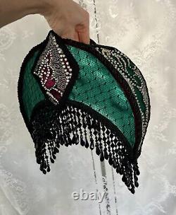 Vintage Art Deco Style Lamp Shade Crescent Moon Beaded Fringe Hand Sewn Glamour