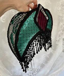 Vintage Art Deco Style Lamp Shade Crescent Moon Beaded Fringe Hand Sewn Glamour