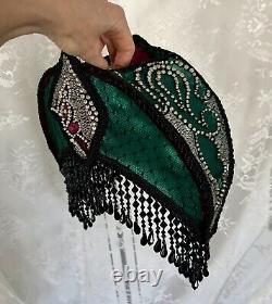 Vintage Art Deco Style Lamp Shade Crescent Moon Beaded Fringe Hand Sewn Glamour