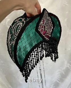 Vintage Art Deco Style Lamp Shade Crescent Moon Beaded Fringe Hand Sewn Glamour