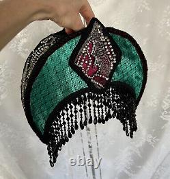 Vintage Art Deco Style Lamp Shade Crescent Moon Beaded Fringe Hand Sewn Glamour