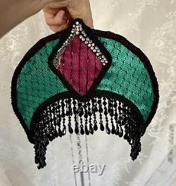 Vintage Art Deco Style Lamp Shade Crescent Moon Beaded Fringe Hand Sewn Glamour