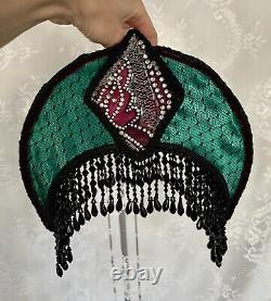 Vintage Art Deco Style Lamp Shade Crescent Moon Beaded Fringe Hand Sewn Glamour