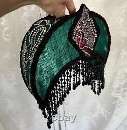 Vintage Art Deco Style Lamp Shade Crescent Moon Beaded Fringe Hand Sewn Glamour