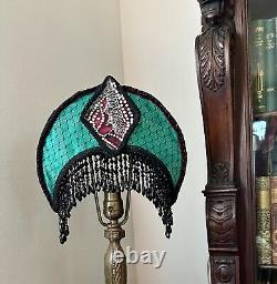 Vintage Art Deco Style Lamp Shade Crescent Moon Beaded Fringe Hand Sewn Glamour