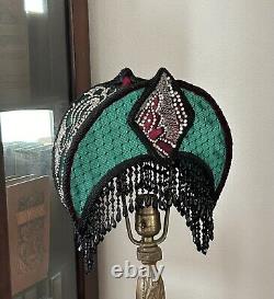 Vintage Art Deco Style Lamp Shade Crescent Moon Beaded Fringe Hand Sewn Glamour