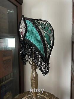 Vintage Art Deco Style Lamp Shade Crescent Moon Beaded Fringe Hand Sewn Glamour