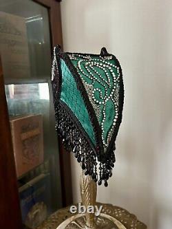 Vintage Art Deco Style Lamp Shade Crescent Moon Beaded Fringe Hand Sewn Glamour