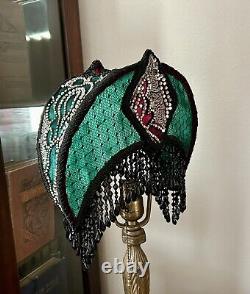 Vintage Art Deco Style Lamp Shade Crescent Moon Beaded Fringe Hand Sewn Glamour