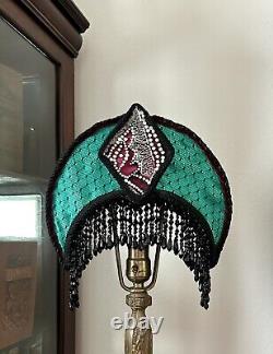 Vintage Art Deco Style Lamp Shade Crescent Moon Beaded Fringe Hand Sewn Glamour