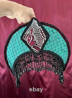 Vintage Art Deco Style Lamp Shade Crescent Moon Beaded Fringe Hand Sewn Glamour