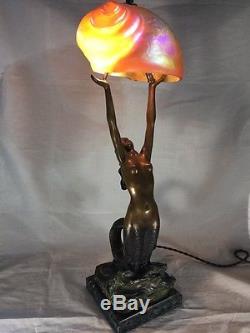 Vintage Art Nouveau France Bronze Mermaid Iridescent Shell Lamp Shade c. 1923's