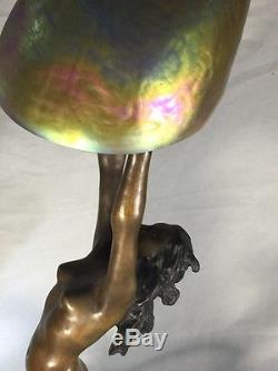 Vintage Art Nouveau France Bronze Mermaid Iridescent Shell Lamp Shade c. 1923's