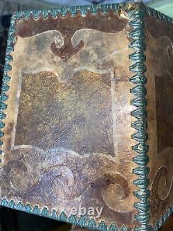 Vintage Art Nouveau Mica & Leather Lamp Shade OCEAN WAVE 6 Panel Arts And Crafts