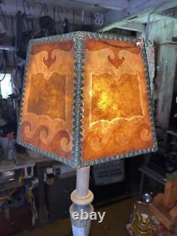 Vintage Art Nouveau Mica & Leather Lamp Shade OCEAN WAVE 6 Panel Arts And Crafts