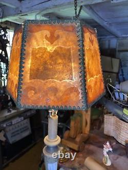 Vintage Art Nouveau Mica & Leather Lamp Shade OCEAN WAVE 6 Panel Arts And Crafts