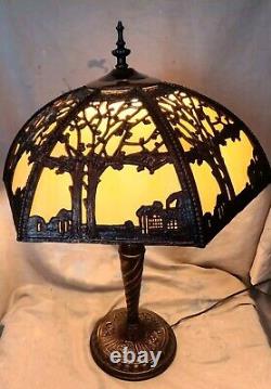 Vintage Art Nouveau Slag Glass Lampshade 6 Panels Trees And House/Gate Design