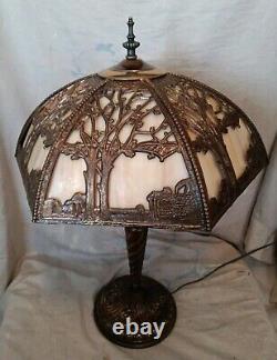 Vintage Art Nouveau Slag Glass Lampshade 6 Panels Trees And House/Gate Design