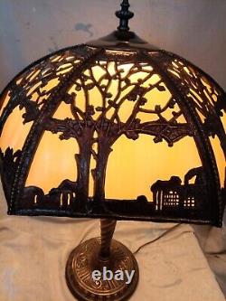 Vintage Art Nouveau Slag Glass Lampshade 6 Panels Trees And House/Gate Design