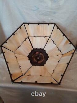 Vintage Art Nouveau Slag Glass Lampshade 6 Panels Trees And House/Gate Design