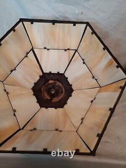 Vintage Art Nouveau Slag Glass Lampshade 6 Panels Trees And House/Gate Design