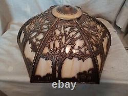 Vintage Art Nouveau Slag Glass Lampshade 6 Panels Trees And House/Gate Design