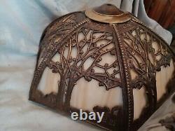 Vintage Art Nouveau Slag Glass Lampshade 6 Panels Trees And House/Gate Design