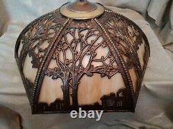 Vintage Art Nouveau Slag Glass Lampshade 6 Panels Trees And House/Gate Design