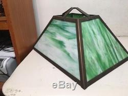 Vintage Arts & Crafts Green Slag Glass & Brass Lamp Shade Large 1 Broken Piece