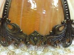 Vintage Arts & Crafts Slag Glass Lamp Shade Ornate Brass Filigree Large BEAUTY
