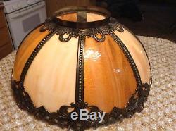 Vintage Arts & Crafts Slag Glass Lamp Shade Ornate Brass Filigree Large BEAUTY