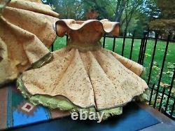Vintage Arts and Crafts Ruffled Fabric Lamp Shade Pair Gold Brown Tweed w Lace