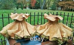 Vintage Arts and Crafts Ruffled Fabric Lamp Shade Pair Gold Brown Tweed w Lace