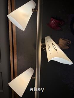 Vintage Atomic Mid Century Tension Pole Lamp Plastic White and Gold Shades