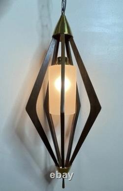 Vintage Authentic MCM Hanging Teak Lamp Mid Century Modern Atomic 28