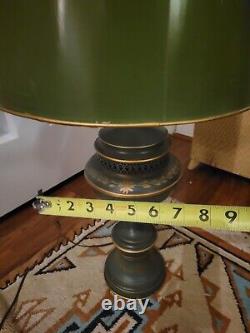 Vintage Avocado Green and Gold Tole Ware Metal Lamp With Shade