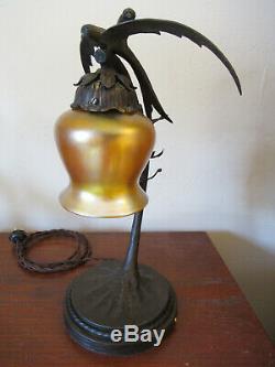 Vintage Bird Desk Lamp With Quezal Art Glass Shade