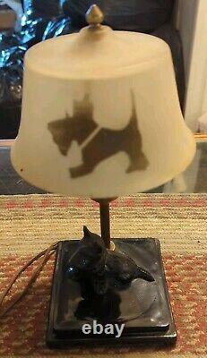 Vintage Black Glass Lamp Shade Scottie Dog Lamp Ceramic Base WORKS