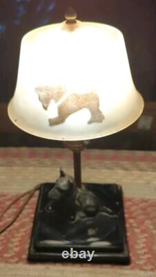 Vintage Black Glass Lamp Shade Scottie Dog Lamp Ceramic Base WORKS