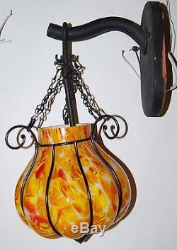 Vintage Black Metal Sconce Set Studio Art Glass Caged Light Lamp Shades Fixtures