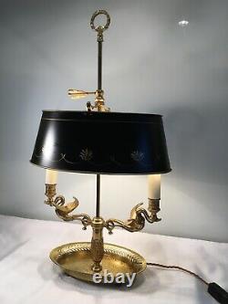 Vintage Bouillotte 2 Arm Gilt Metal French PTable Lamp, adjustable shade