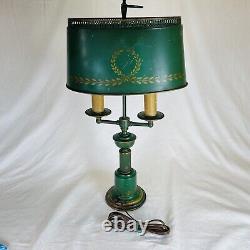 Vintage Bouillotte Lamp Metal Tin with Green Gold Wreath Lamp Shade