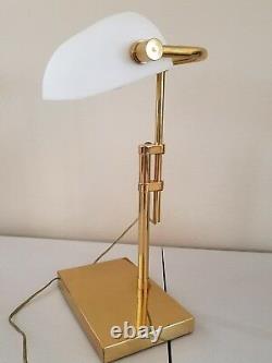 Vintage Brass Art Deco Bankers Desk Lamp White Glass Shade